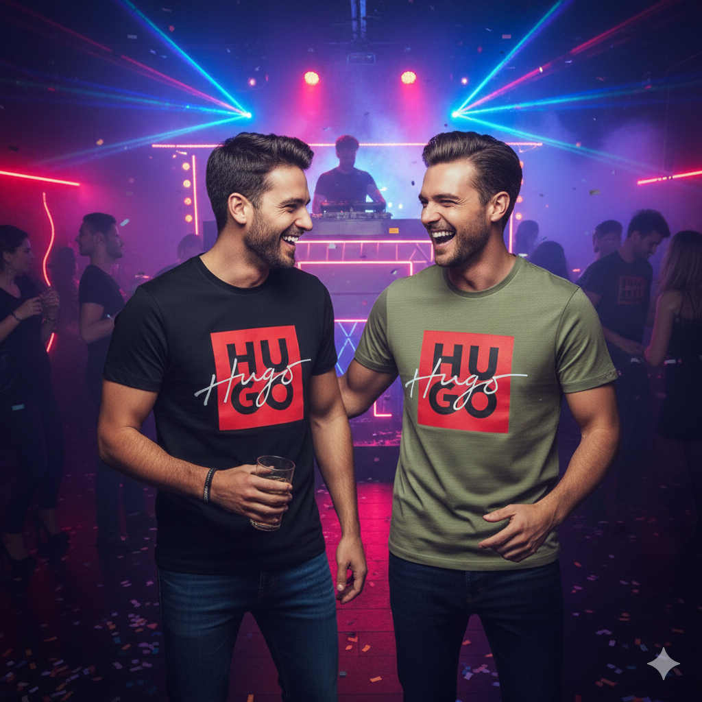 Playera HUGO con Bloque de Color y Logotipo Caligráfico - Actitud Moderna y Vanguardista