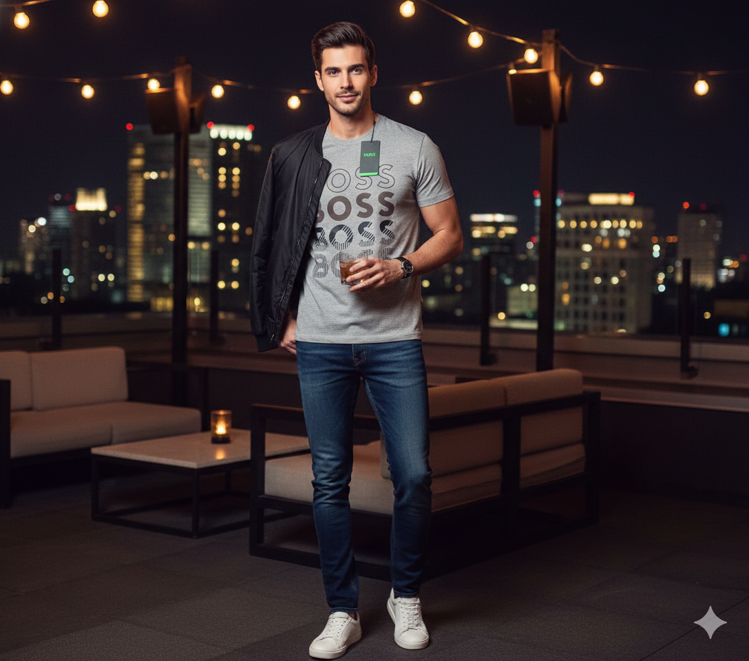 Playera BOOS con Gráfico Logotipo Repetido - Estilo Urbano y Distinguido