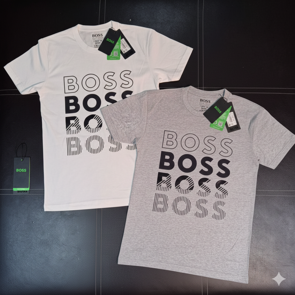 Playera BOOS con Gráfico Logotipo Repetido - Estilo Urbano y Distinguido
