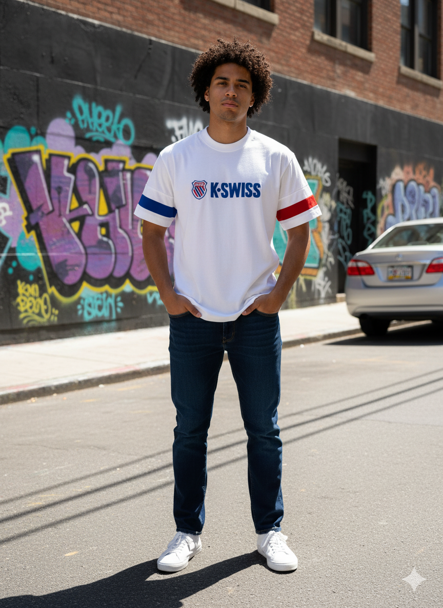 Playera K-Swiss OVERSIZE "Heritage Stripes" Blanca - Un Clásico Deportivo con Estilo