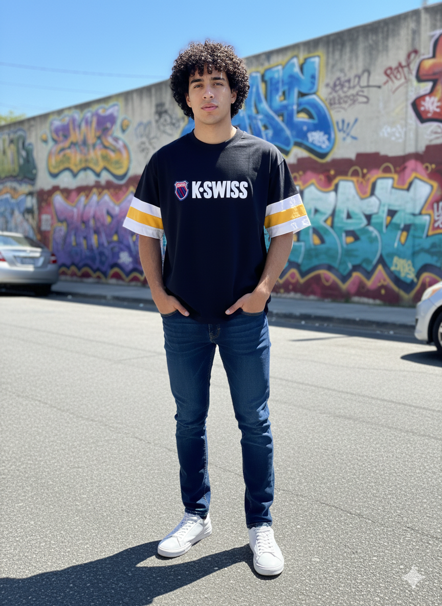 Playera K-Swiss OVERSIZE "Retro Stripes" Negra - Un Clásico Moderno con Carácter