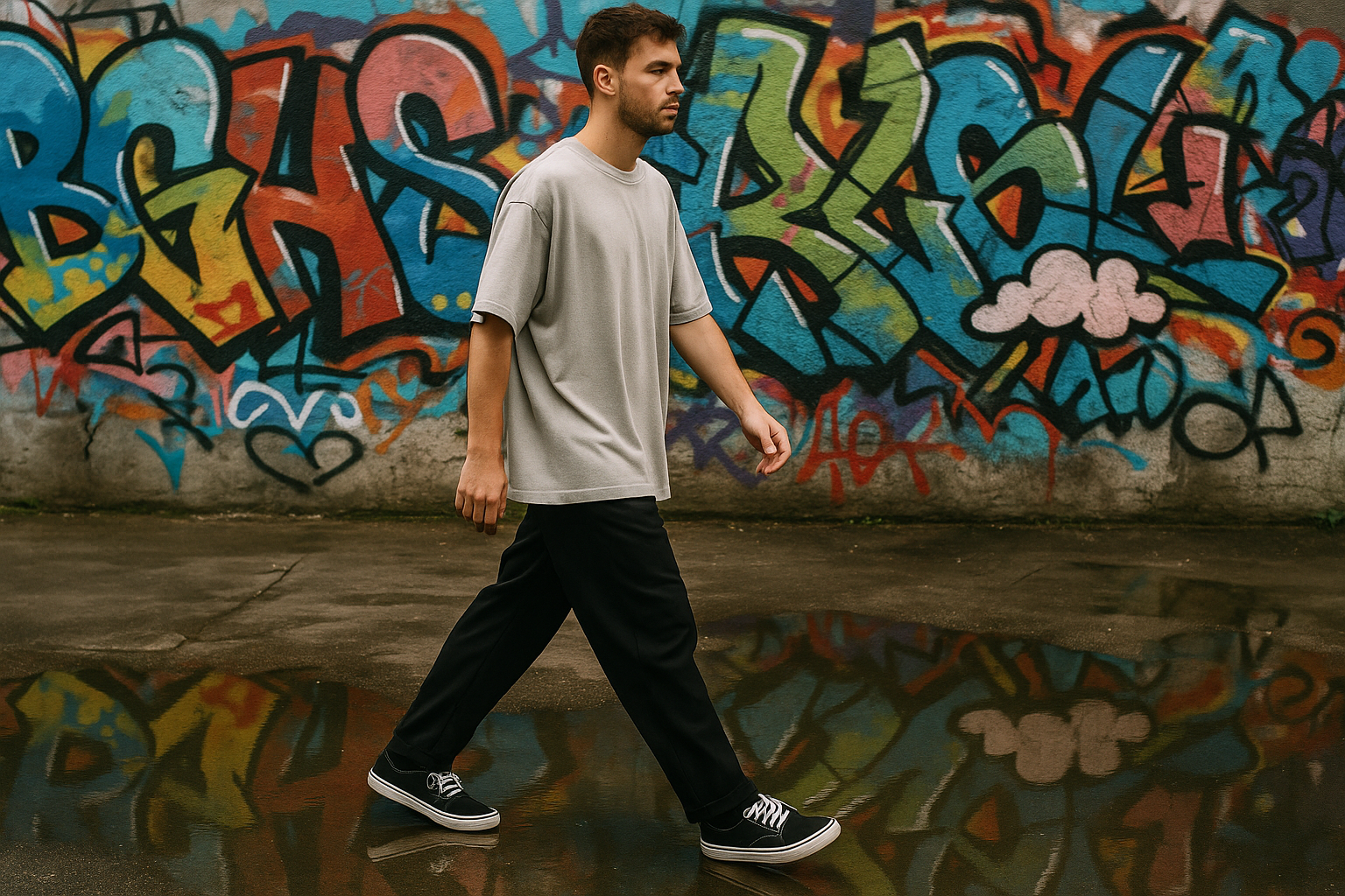 hombre caminando vistiendo una playera oversize,de fonfo una pared grafiteada con algunos charcos de agua